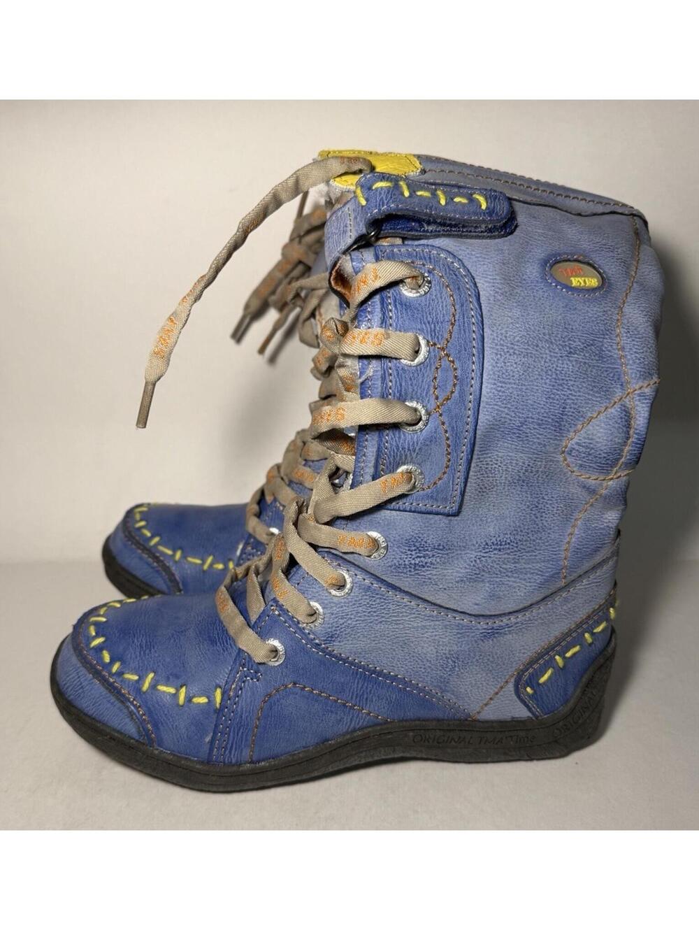 TMA EYES PU Leather Patchwork Faux Fur Mid Calf Boot Blue